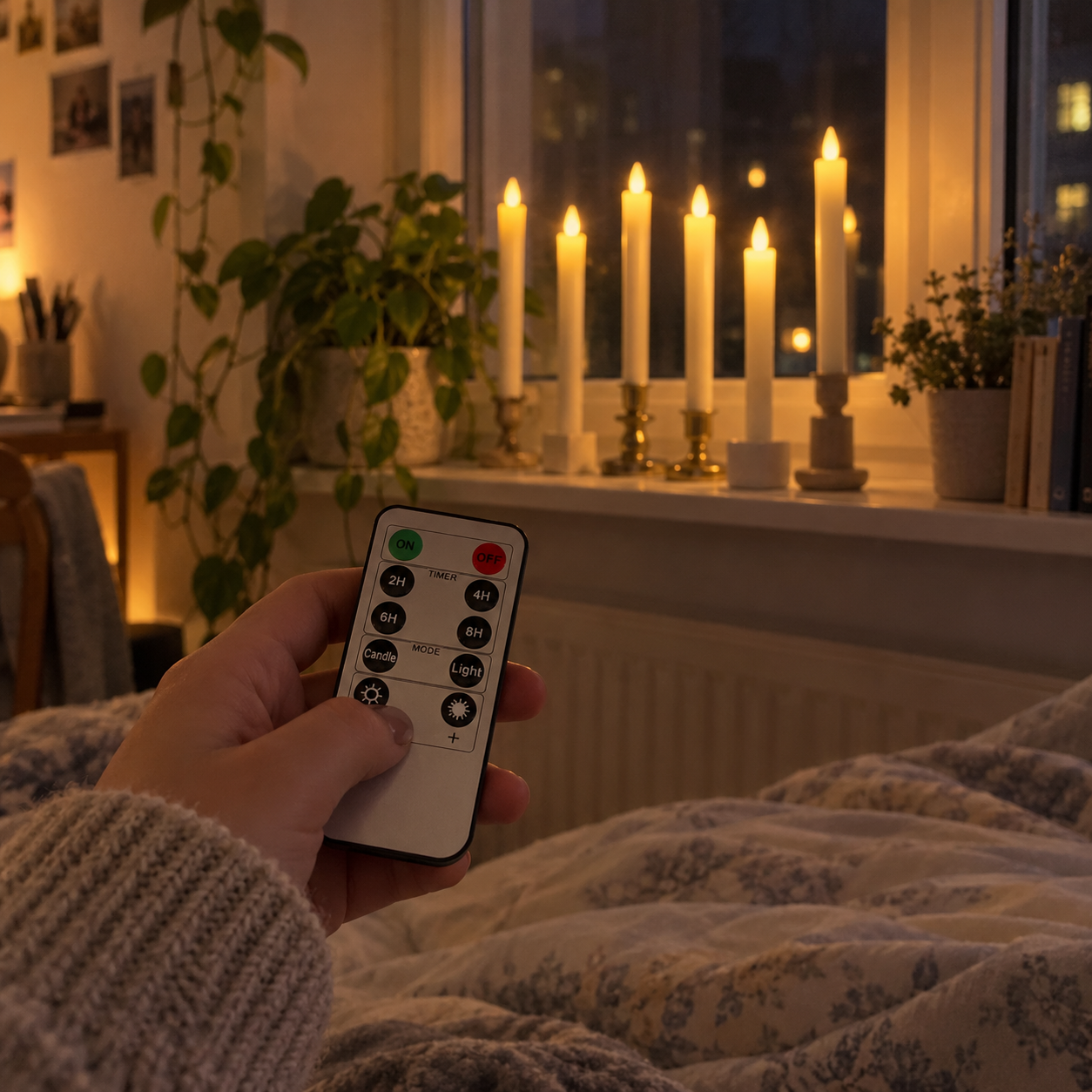 En hand med fjärrkontrollen riktad mot tända ljus i fönstret