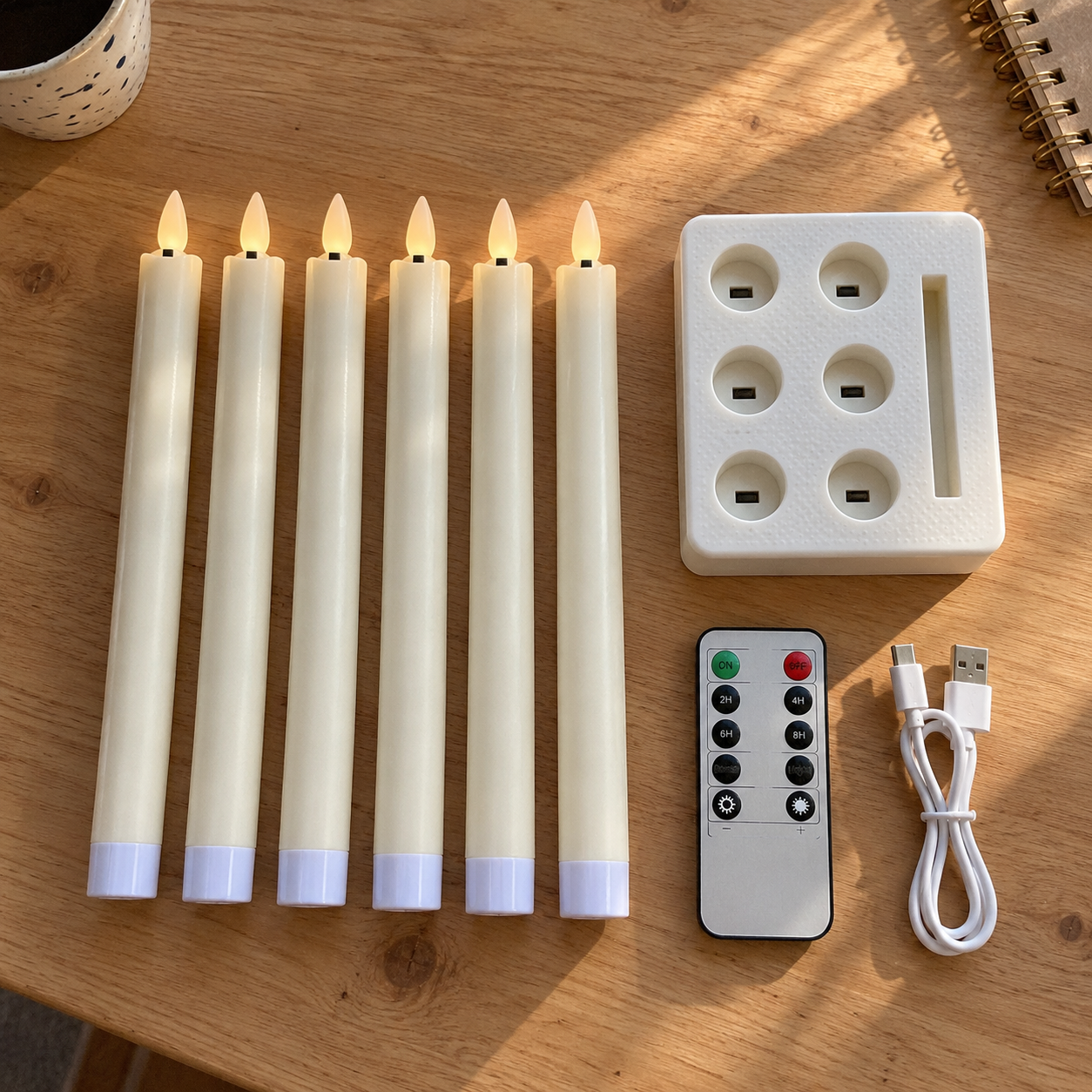 Hela setet: sex ljus, laddbas, fjärrkontroll och USB-C-kabel