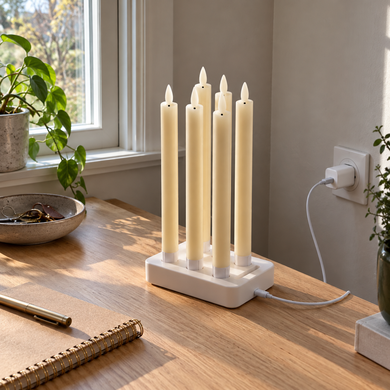 Alla sex ljus i laddbasen med USB-C-kabeln inkopplad