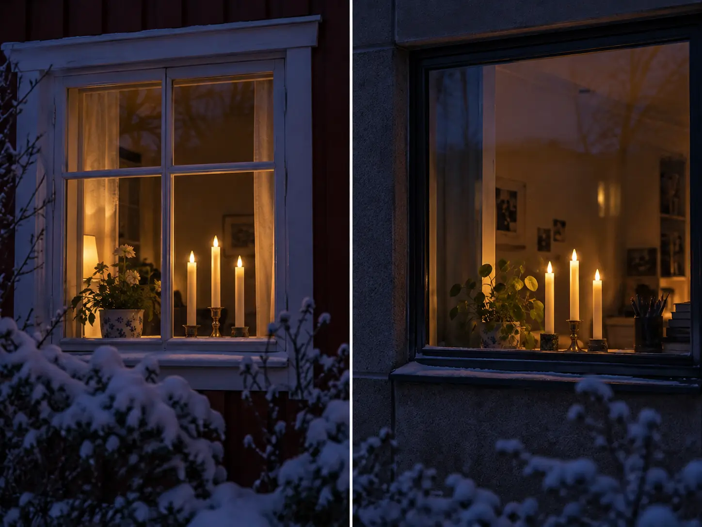 Två fönster med samma ljus, sedda utifrån i snön